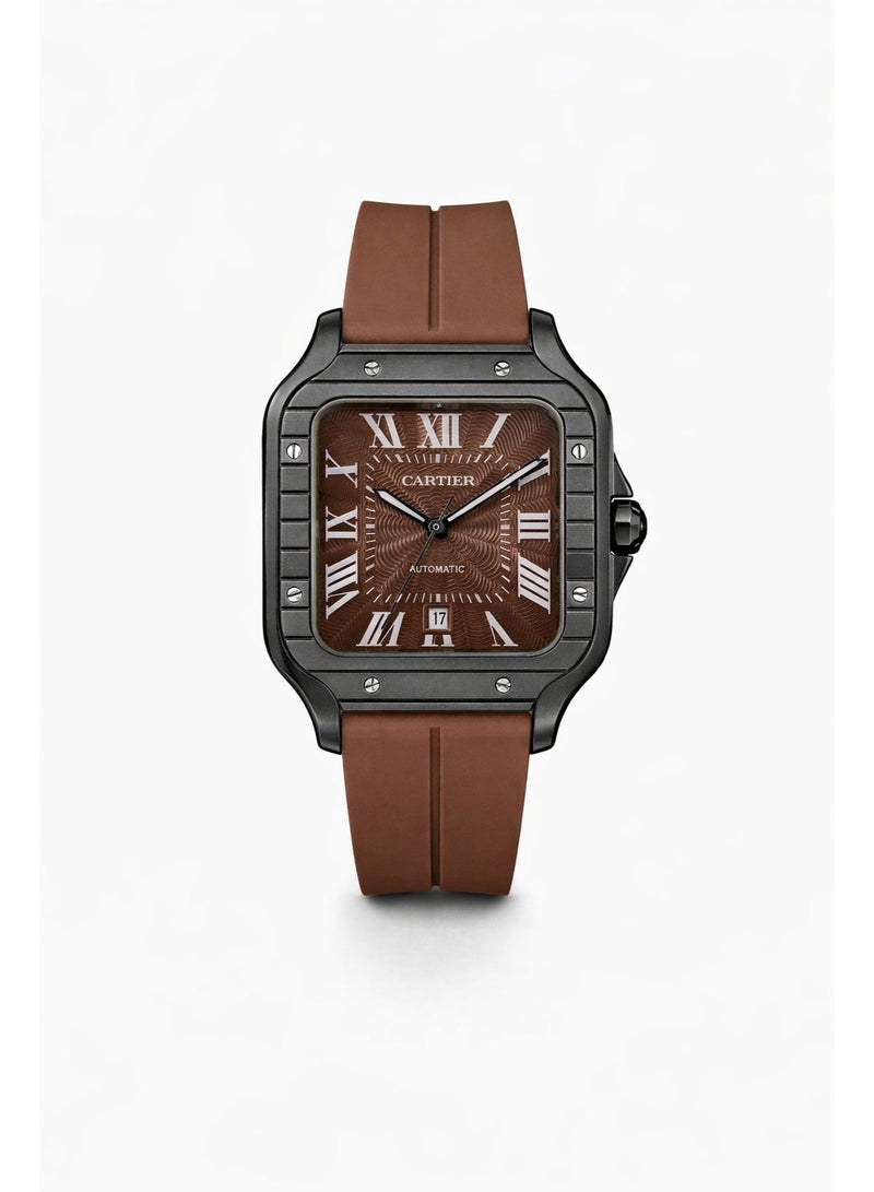 كارتييه ساعة يد رجالي فاخرة بتصميم مربع – سوار سيليكون بني مع قرص بني وأرقام رومانية - Image 1